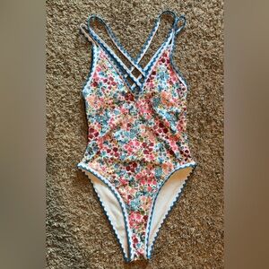 Floral One-Piece Swimsuit with Blue Trim